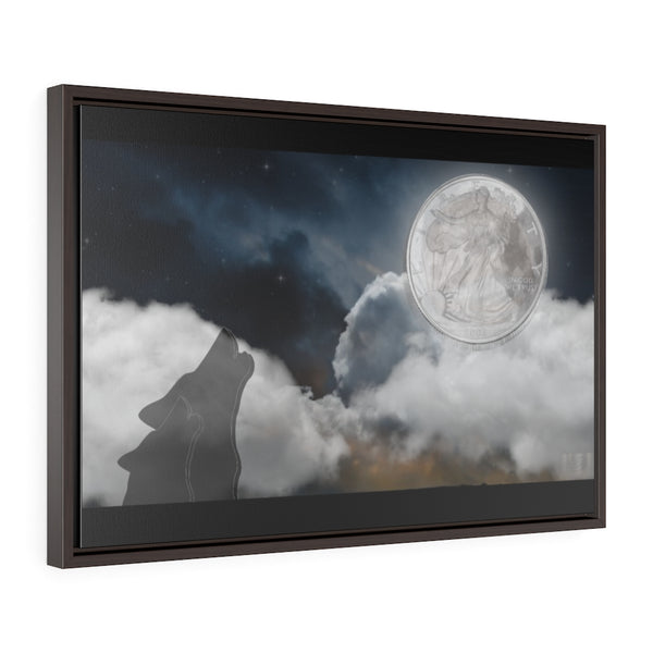 Silver Moon Howling Wolf Horizontal Framed Canvas
