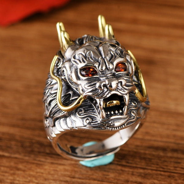 Silver Dragon King Ring - (S925 - Sterling Silver)