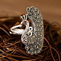 Silver Peacock Adjustable Ring - (S925 - Sterling Silver)