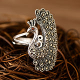 Silver Peacock Adjustable Ring - (S925 - Sterling Silver)
