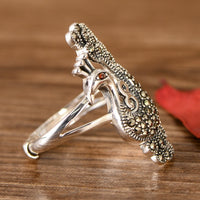 Silver Peacock Adjustable Ring - (S925 - Sterling Silver)