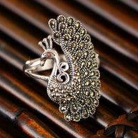 Silver Peacock Adjustable Ring - (S925 - Sterling Silver)