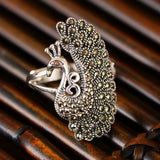 Silver Peacock Adjustable Ring - (S925 - Sterling Silver)