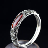 Sterling Silver Bangle with Garnet Stone - (S925 - Sterling Silver)