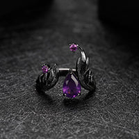Silver Handmade Adjustable Angel's Wing Ring with Natural Amethyst Gemstone - (S925 - Sterling Silver)
