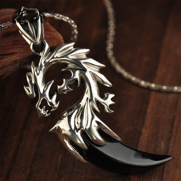 Natural Agate Silver Dragon Head Pendant with Necklace - (S925 - Sterling Silver)
