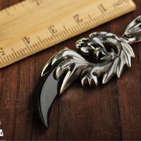 Natural Agate Silver Dragon Head Pendant with Necklace - (S925 - Sterling Silver)