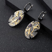 Sterling Silver Handmade Love Bird Tree Branch Earrings with Nature Amethyst - (S925 - Sterling Silver)