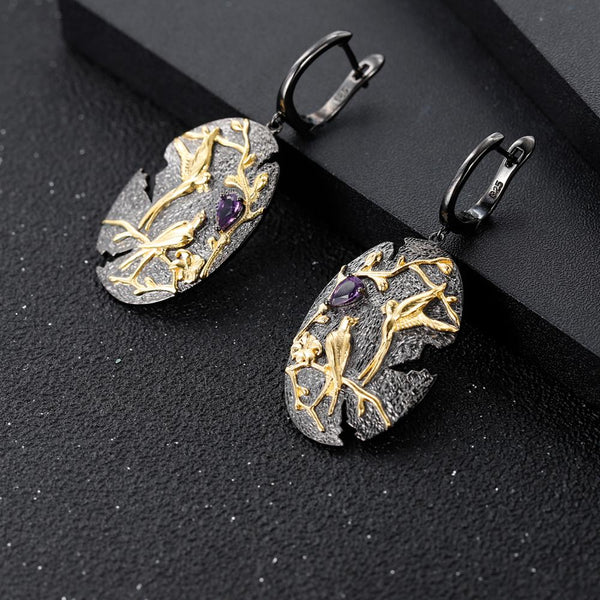 Sterling Silver Handmade Love Bird Tree Branch Earrings with Nature Amethyst - (S925 - Sterling Silver)