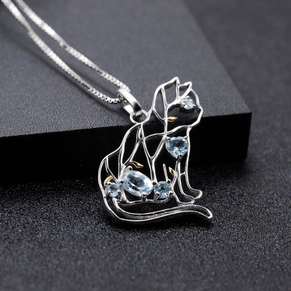 Silver Cat Shape Sky Blue Topaz Necklace - (S925 - Sterling Silver)