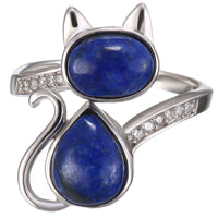 Sterling Silver Cat Ring with Natural Lapis Lazuli - (S925 - Sterling Silver)