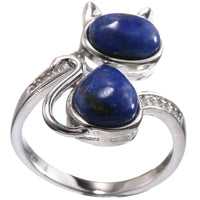 Sterling Silver Cat Ring with Natural Lapis Lazuli - (S925 - Sterling Silver)