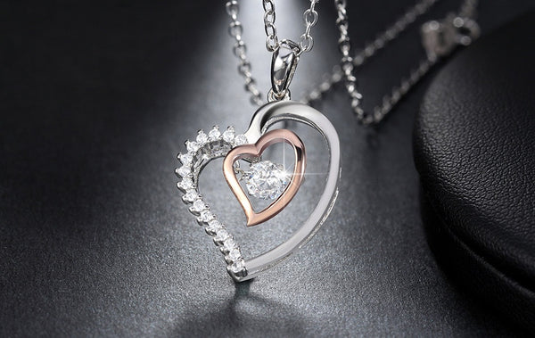 Silver Double Heart Pendant with Necklace - (S925 - Sterling Silver)