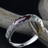 Sterling Silver Bangle with Garnet Stone - (S925 - Sterling Silver)