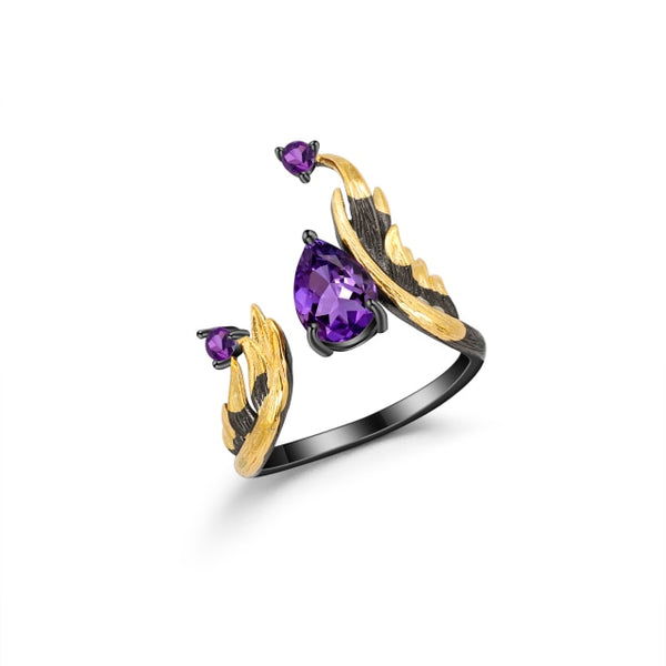 Silver Handmade Adjustable Angel's Wing Ring with Natural Amethyst Gemstone - (S925 - Sterling Silver)
