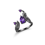 Silver Handmade Adjustable Angel's Wing Ring with Natural Amethyst Gemstone - (S925 - Sterling Silver)