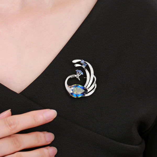 Sterling Silver Peacock Brooch Pendant with Blue Quartz - (S925 - Sterling Silver)