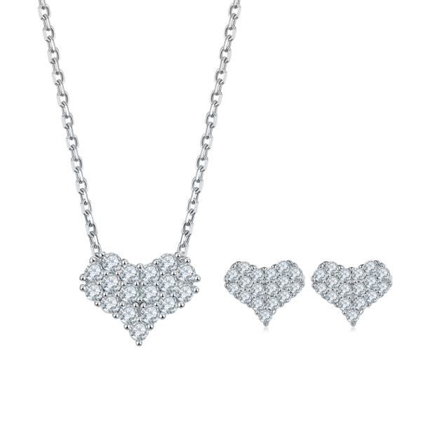 Sterling Silver Moissanite Diamond Heart Necklace with Earrings - (S925 - Sterling Silver)