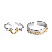 Sterling Silver Antler and Forest Couple Ring - (S925 - Sterling Silver)