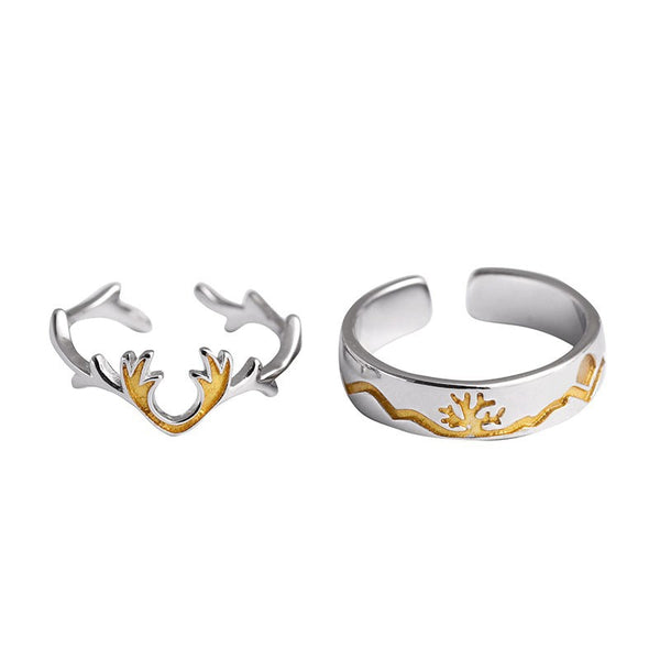 Sterling Silver Antler and Forest Couple Ring - (S925 - Sterling Silver)