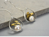 Silver and Pearl Tree Plant Drop Earrings - (S925 - Sterling Silver)