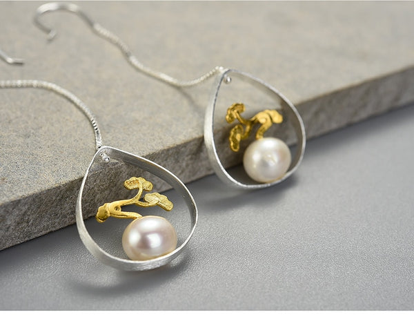Silver and Pearl Tree Plant Drop Earrings - (S925 - Sterling Silver)