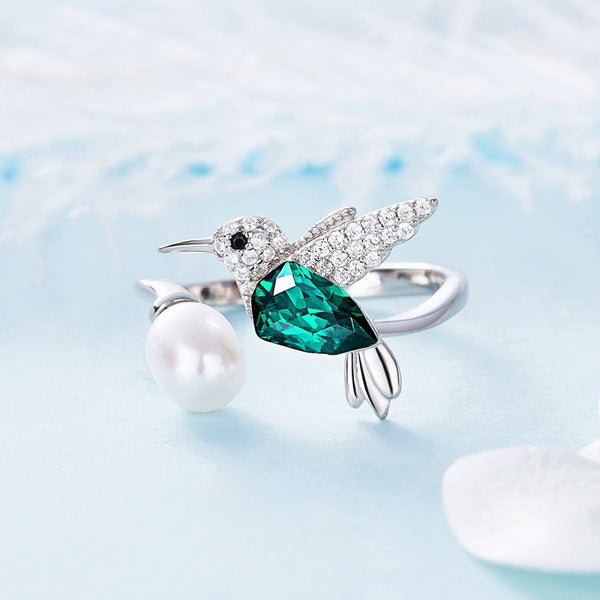 Pearl and Green Crystal Silver Hummingbird Ring - (S925 - Sterling Silver)