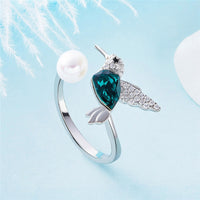 Pearl and Green Crystal Silver Hummingbird Ring - (S925 - Sterling Silver)
