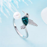 Pearl and Green Crystal Silver Hummingbird Ring - (S925 - Sterling Silver)