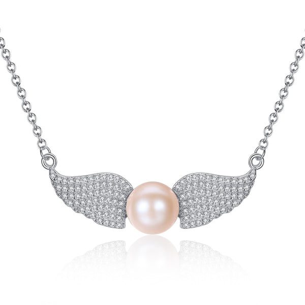 Silver Angel Wings with Freshwater Pearl and Necklace - (S925 - Sterling Silver)