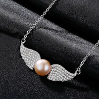 Silver Angel Wings with Freshwater Pearl and Necklace - (S925 - Sterling Silver)