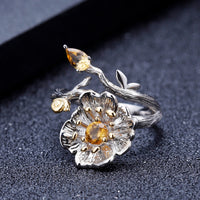 Silver Flower Citrine Ring with Earrings - (S925 - Sterling Silver)