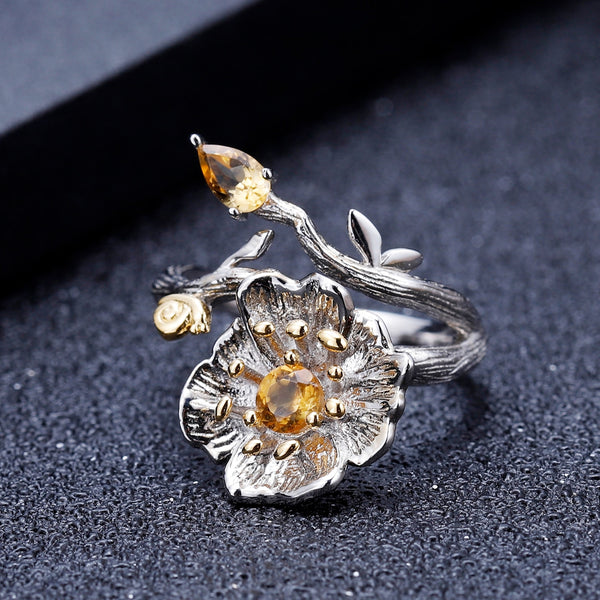 Silver Flower Citrine Ring with Earrings - (S925 - Sterling Silver)
