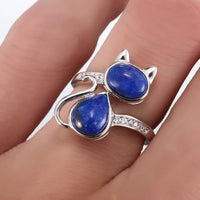 Sterling Silver Cat Ring with Natural Lapis Lazuli - (S925 - Sterling Silver)