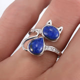 Sterling Silver Cat Ring with Natural Lapis Lazuli - (S925 - Sterling Silver)