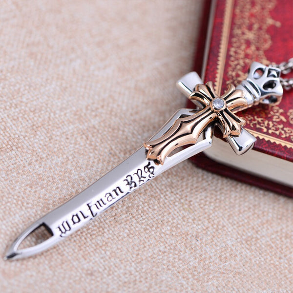 Silver Angel Sword with Gold Cross Pendant - (S925 - Sterling Silver)