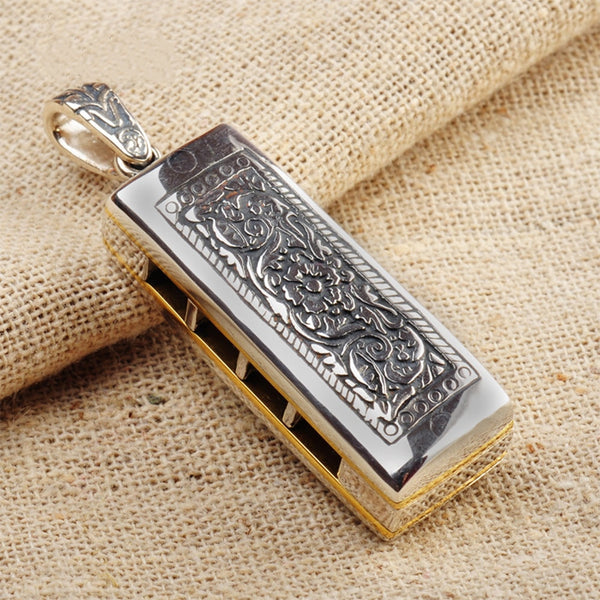 Sterling Silver Harmonica Pendant with Vintage Hand Carved Pattern - (S925 - Sterling Silver)