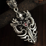 Sterling Silver Double Dragon Pendant with Ruby - (S925 - Sterling Silver)