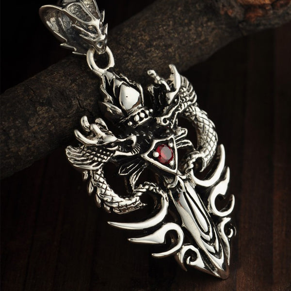Sterling Silver Double Dragon Pendant with Ruby - (S925 - Sterling Silver)