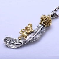 Silver Lion with Crown on Feather Pendant - (S925 - Sterling Silver)