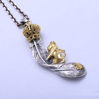 Silver Lion with Crown on Feather Pendant - (S925 - Sterling Silver)