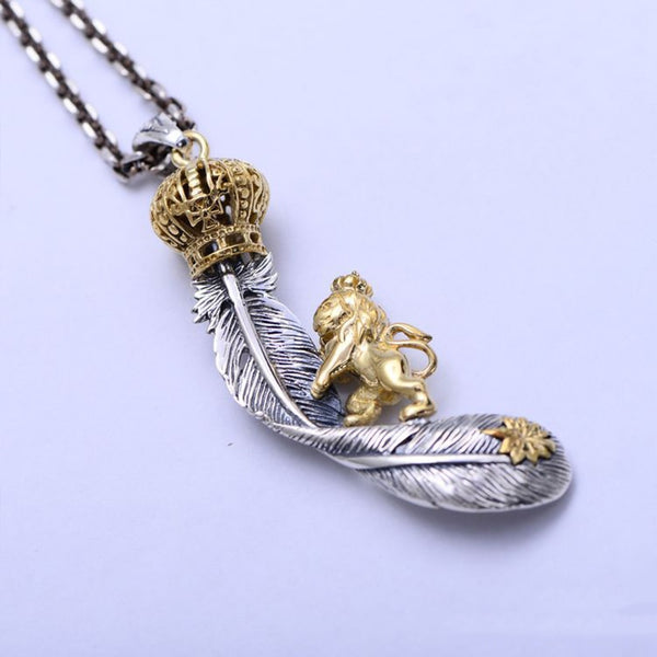 Silver Lion with Crown on Feather Pendant - (S925 - Sterling Silver)
