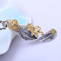 Silver Lion with Crown on Feather Pendant - (S925 - Sterling Silver)