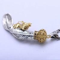Silver Lion with Crown on Feather Pendant - (S925 - Sterling Silver)