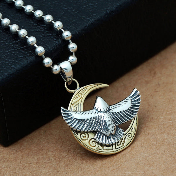 Sterling Silver Eagle and Moon Pendant - (S925 - Sterling Silver)