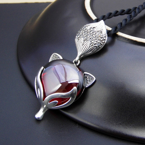 Garnet Fox Sterling Silver Pendant - (S925 - Sterling Silver)