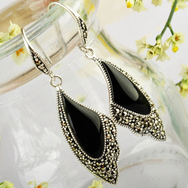 Vintage Silver Butterfly Earrings with Natural Agate - (S925 - Sterling Silver)