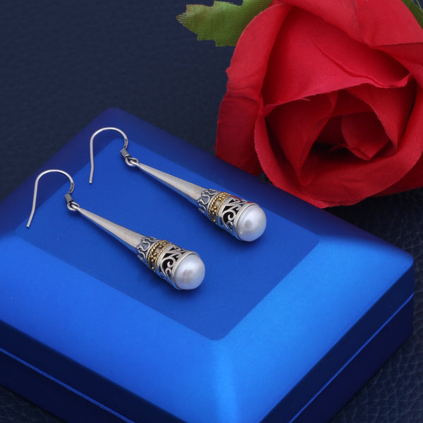 Sterling Silver Vintage Drop Earring with Natural Freshwater Pearl - (S925 - Sterling Silver)
