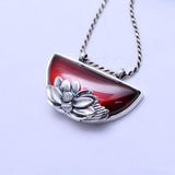 Silver Lotus with Natural Garnet Necklace Pendant - (S925 - Sterling Silver)