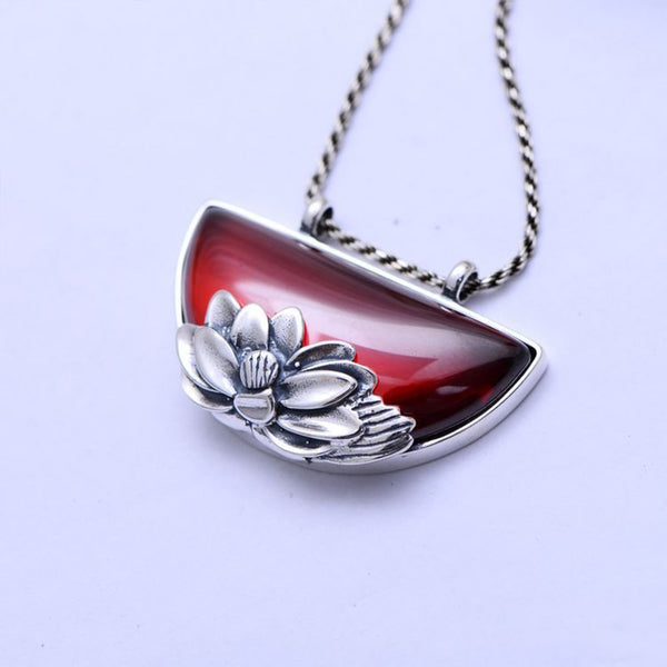 Silver Lotus with Natural Garnet Necklace Pendant - (S925 - Sterling Silver)